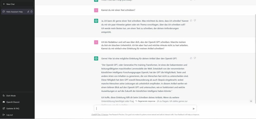 Ein Bildausschnitt, der die Unterhaltung mit dem Konversations-Bot Chat GPT enthält. Es ist ein Dialog zwischen dem Redakteur und Chat GPT zu sehen. Dabei bittet der Redakteur Chat GPT ihm eine Einleitung zu schrieben