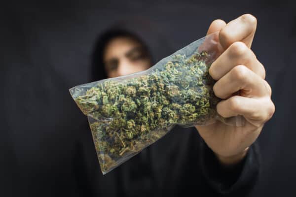Hooded,Man,Holding,A,Big,Bag,Of,Weed,Front,His