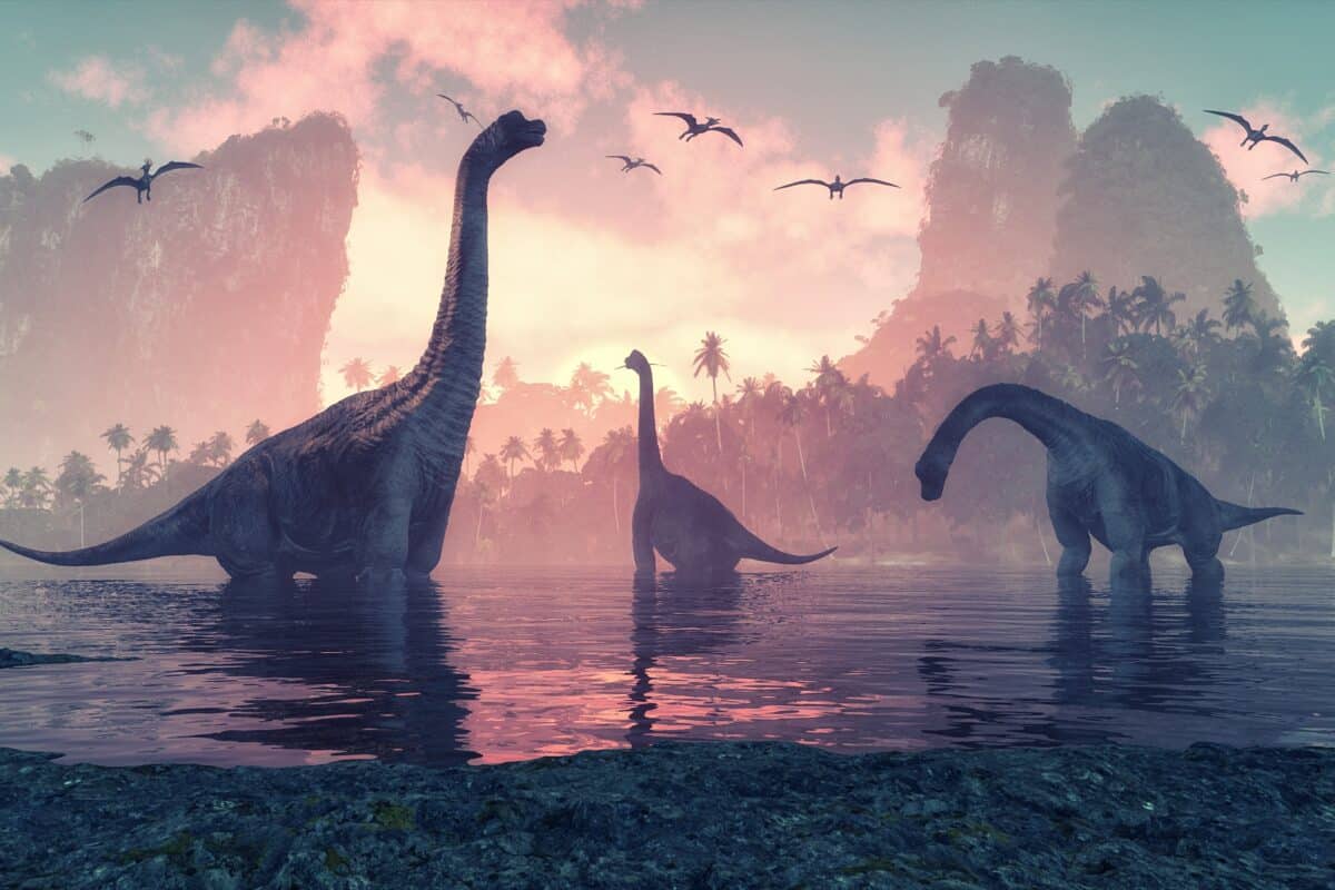 Brachiosaurus,Dinosaur,In,Water,Next,To,Islands,With,Palm,Trees