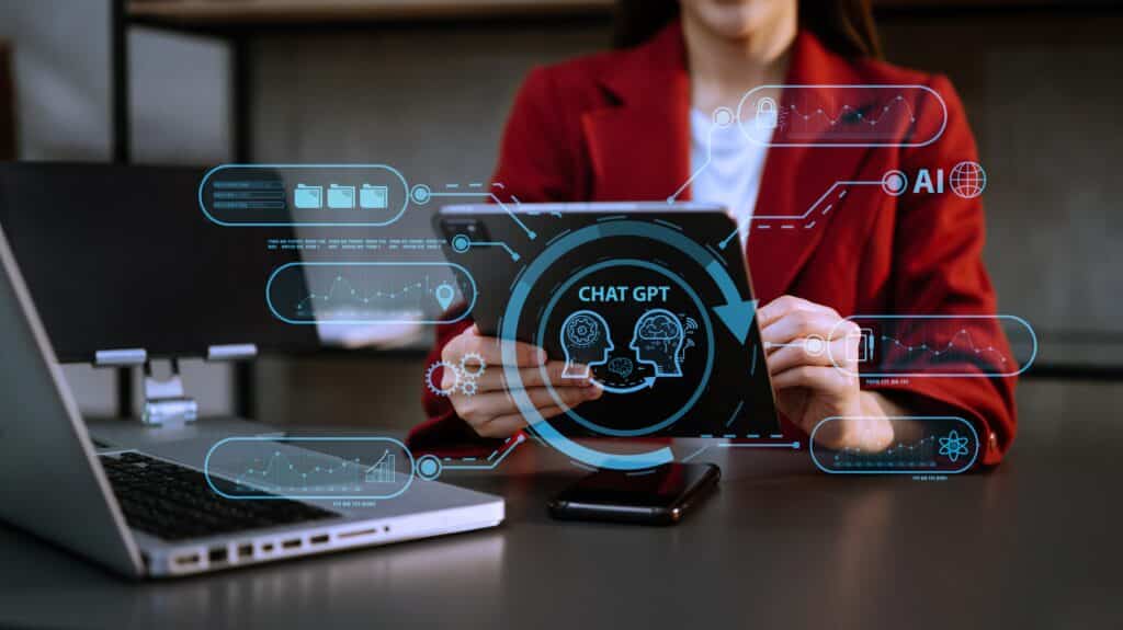 Woman,Using,Chatbot,In,Computer,And,Tablet,Smart,Intelligence,Ai chat