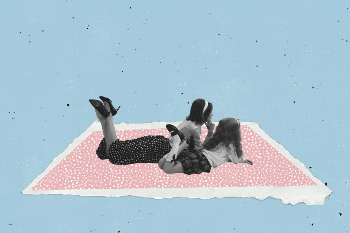 Contemporary,Art,Collage ,Young,Woman,And,Little,Girl,Lying,On
