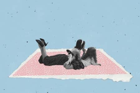 Contemporary,Art,Collage ,Young,Woman,And,Little,Girl,Lying,On