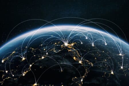 Night,Planet,Earth,From,Space,With,Light,Lines,Of,Communication