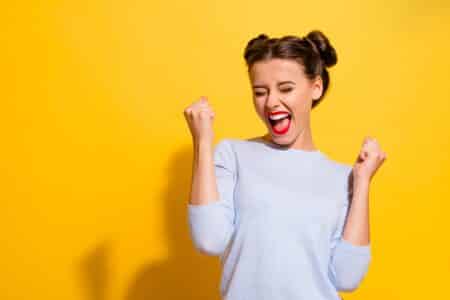 Photo,Of,Ecstatic,Lady,Shout,Loud,Yeah,Fist,Up,Raise