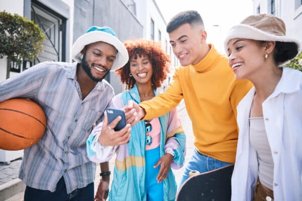 gen z friends phone and street with laugh meme a utc