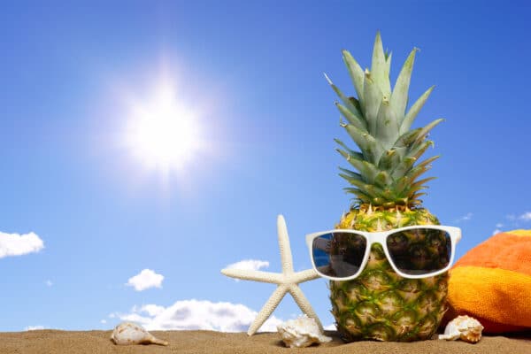 pineapple with sunglasses in sand against a sunny utc