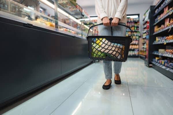 woman carrying shopping basket walking in supermar utc